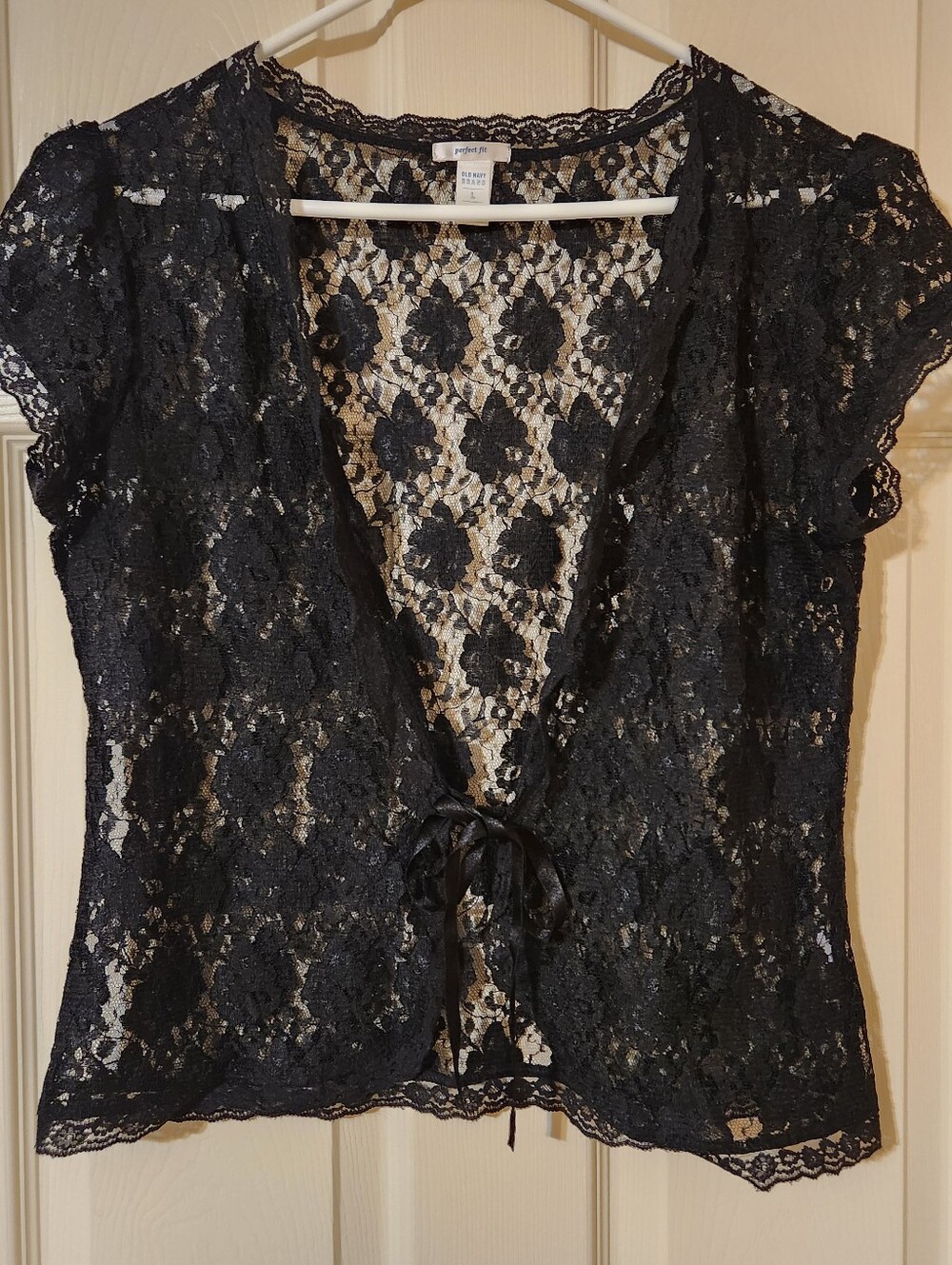 Old Navy VTG Perfect Fit Black Floral Lace Sheer Tie-Front V-Neck Shrug L Topper